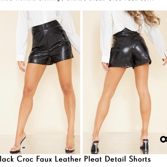 NWOT PrettyLittleThing Black Croc Faux Leather Pleat Detail High Waisted Shorts - Picture 3 of 16